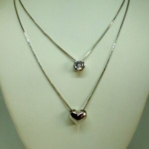 NWOT, Solid Sterling Silver Double Chain Puffed Heart & Cz Necklace